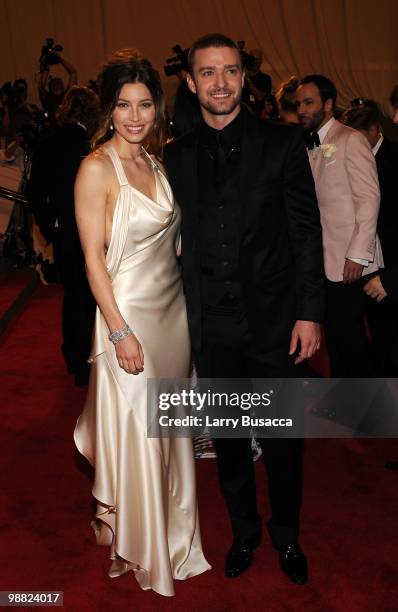 Actress Jessica Biel and musician Justin Timberlake attend the Costume Institute Gala Benefit to celebrate the opening of the "American Woman:...