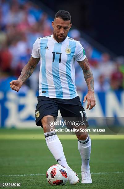 Nicolas Otamendi of Argentina in action during the 2018 FIFA World Cup Russia Round of 16 match between France and Argentina at Kazan Arena on June...