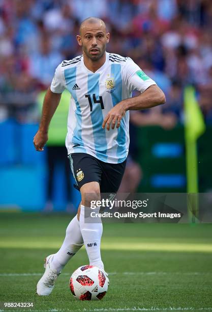 Javier Mascherano of Argentina controls the ball during the 2018 FIFA World Cup Russia Round of 16 match between France and Argentina at Kazan Arena...