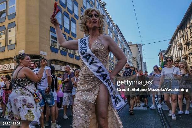 Members of the LGBT walk during the Gay Pride on June 30, 2018 in Milan, Italy. Manifestation the day of the pride LGTB for the rights of bisexuals,...