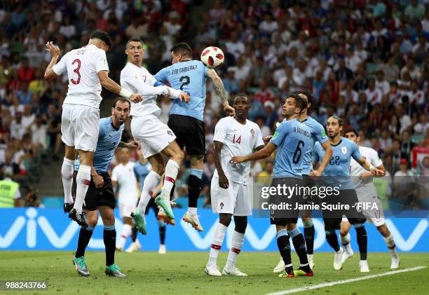 Pepe of Portugal scores his team's first goal during the 2018 FIFA World Cup Russia Round of 16 match between Uruguay and Portugal at Fisht Stadium...