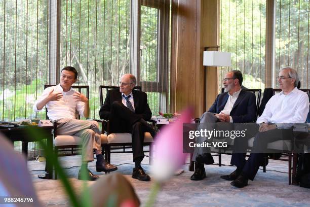 Alibaba chairman Jack Ma discusses with Nobel Prize in Economics 2011 laureate Thomas Sargent , Nobel Prize in Economics 2012 laureate Alvin E. Roth...