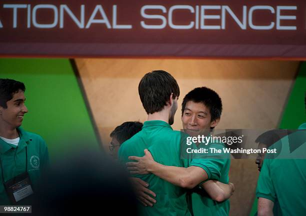 From left to right, Akhil Jariwala, Bryce Taylor and Patrick Yang of Green High School in North Carolina are the champions for the high school...