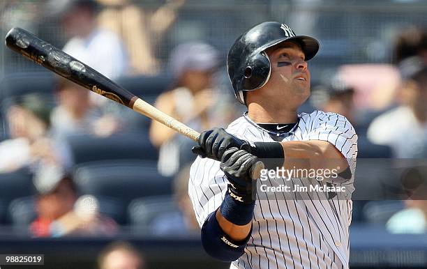 Nick Swisher of the New York Yankees bats against the Chicago White Sox on May 2, 2010 at Yankee Stadium in the Bronx borough of New York City. The...