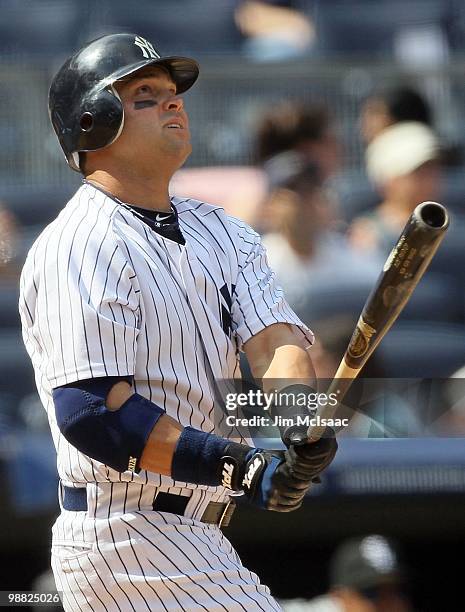 Nick Swisher of the New York Yankees bats against the Chicago White Sox on May 2, 2010 at Yankee Stadium in the Bronx borough of New York City. The...