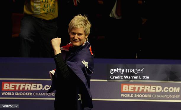 Neil Robertson of Australia celebrates after beating Graeme Dott of Scotland during the final of the Betfred.com World Snooker Championships at The...