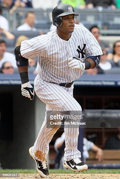 Robinson Cano of the New York Yankees in action against the Chicago White Sox on May 2, 2010 at Yankee Stadium in the Bronx borough of New York City....