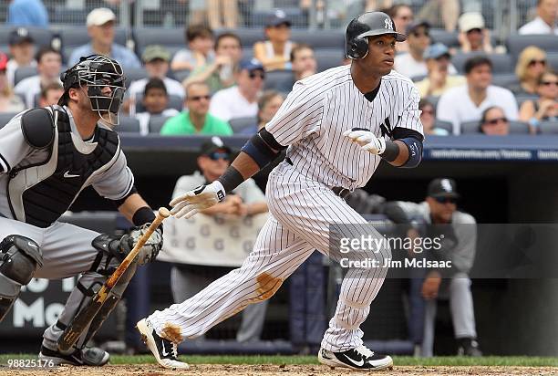 Robinson Cano of the New York Yankees in action against the Chicago White Sox on May 2, 2010 at Yankee Stadium in the Bronx borough of New York City....