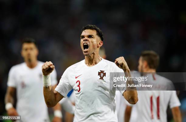 Pepe of Portugal celebrates after scoring his team's first goal during the 2018 FIFA World Cup Russia Round of 16 match between Uruguay and Portugal...