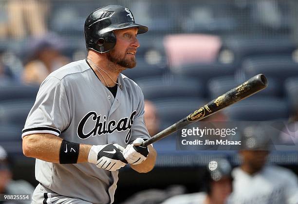 Mark Kotsay of the Chicago White Sox in action against the New York Yankees on May 2, 2010 at Yankee Stadium in the Bronx borough of New York City....