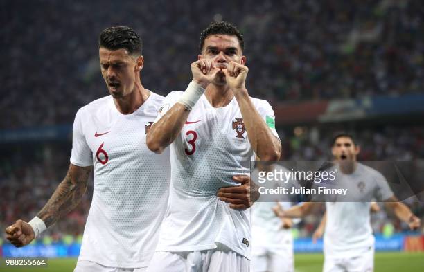 Pepe of Portugal celebrates after scoring his team's first goal with teammate Jose Fonte during the 2018 FIFA World Cup Russia Round of 16 match...