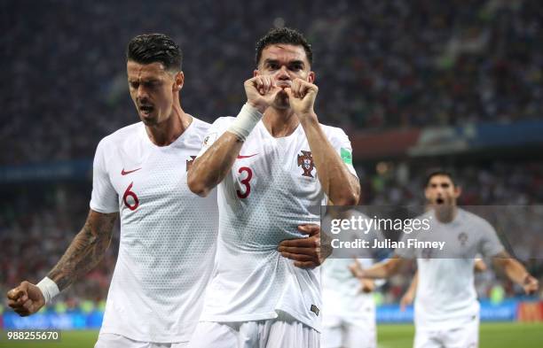 Pepe of Portugal celebrates after scoring his team's first goal with team mate Jose Fonte during the 2018 FIFA World Cup Russia Round of 16 match...