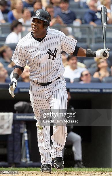 Marcus Thames of the New York Yankees in action against the Chicago White Sox on May 2, 2010 at Yankee Stadium in the Bronx borough of New York City....