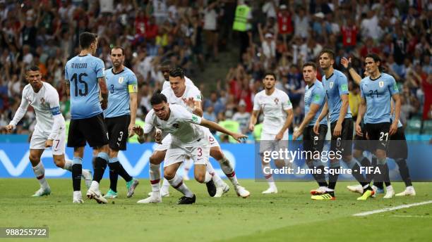 Pepe of Portugal celebrates after scoring his team's first goal during the 2018 FIFA World Cup Russia Round of 16 match between Uruguay and Portugal...