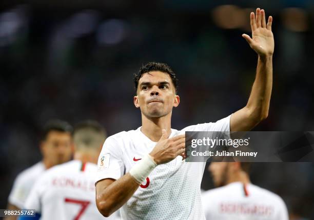 Pepe of Portugal celebrates after scoring his team's first goal during the 2018 FIFA World Cup Russia Round of 16 match between Uruguay and Portugal...