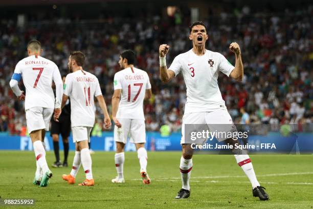 Pepe of Portugal celebrates after scoring his team's first goal during the 2018 FIFA World Cup Russia Round of 16 match between Uruguay and Portugal...