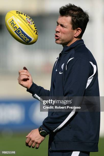 Coach Brett Ratten talks to his players during a Carlton Blues AFL training session at Visy Park on May 4, 2010 in Melbourne, Australia.