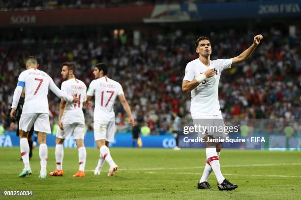 Pepe of Portugal celebrates after scoring his team's first goal during the 2018 FIFA World Cup Russia Round of 16 match between Uruguay and Portugal...