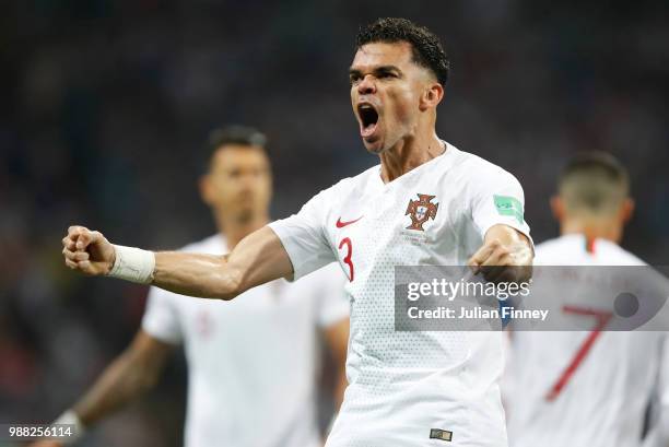 Pepe of Portugal celebrates after scoring his team's first goal during the 2018 FIFA World Cup Russia Round of 16 match between Uruguay and Portugal...