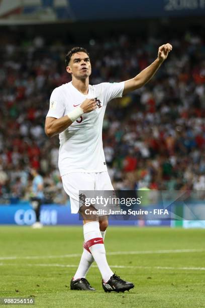 Pepe of Portugal celebrates after scoring his team's first goal during the 2018 FIFA World Cup Russia Round of 16 match between Uruguay and Portugal...