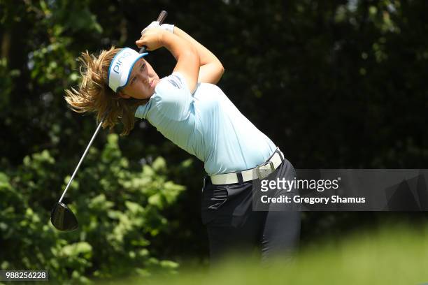 Brooke Henderson watches her drive on the fourth hole during the final round of the 2018 KPMG PGA Championship at Kemper Lakes Golf Club on June 30,...