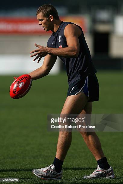 Joe Anderson kicks during a Carlton Blues AFL training session at Visy Park on May 4, 2010 in Melbourne, Australia.