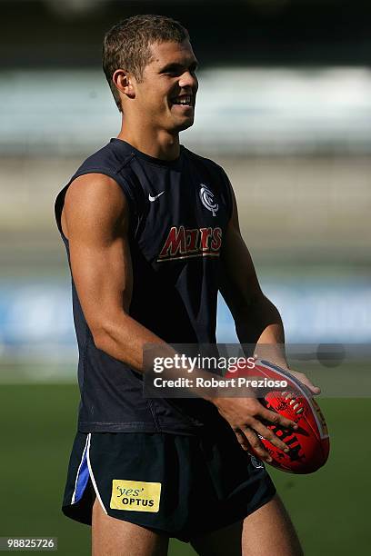 Joe Anderson prepares to kick during a Carlton Blues AFL training session at Visy Park on May 4, 2010 in Melbourne, Australia.