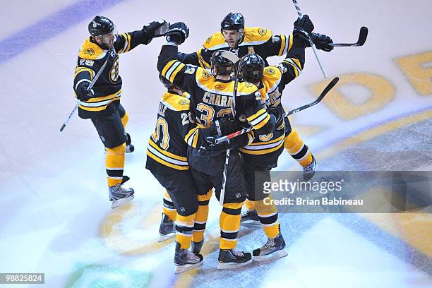Zdeno Chara of the Boston Bruins celebrates a goal with his team mates against the Philadelphia Flyers in Game Two of the Eastern Conference...