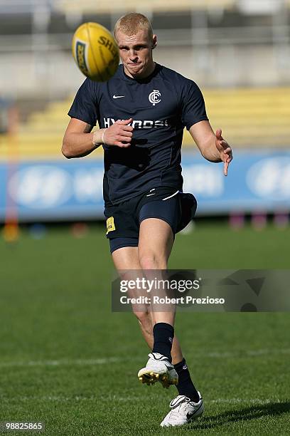 Mitch Robinson kicks during a Carlton Blues AFL training session at Visy Park on May 4, 2010 in Melbourne, Australia.