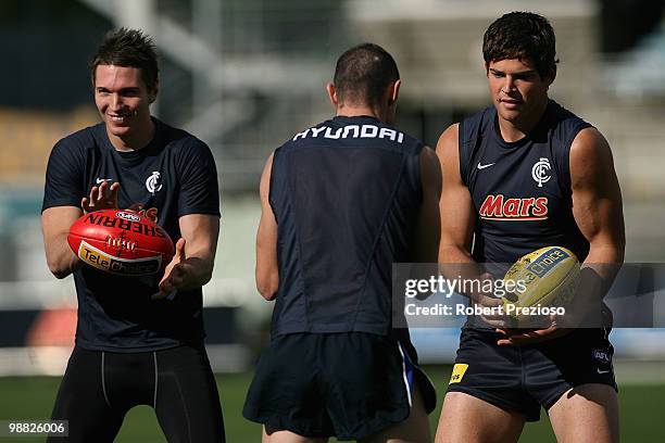 Ryan Houlihan does handball drills during a Carlton Blues AFL training session at Visy Park on May 4, 2010 in Melbourne, Australia.