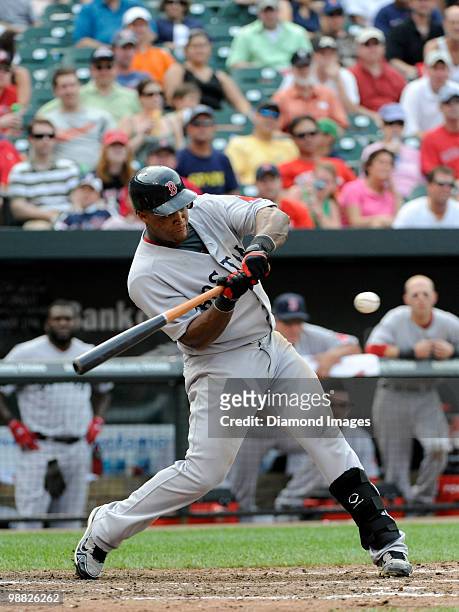 Thirdbaseman Adrian Beltre of the Boston Red Sox swings at a pitch during the top of the seventh inning of a game on May 2, 2010 against the...