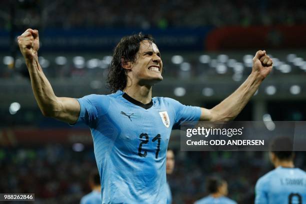 Uruguay's forward Edinson Cavani celebrates after giving his team the lead with his second goal during the Russia 2018 World Cup round of 16 football...