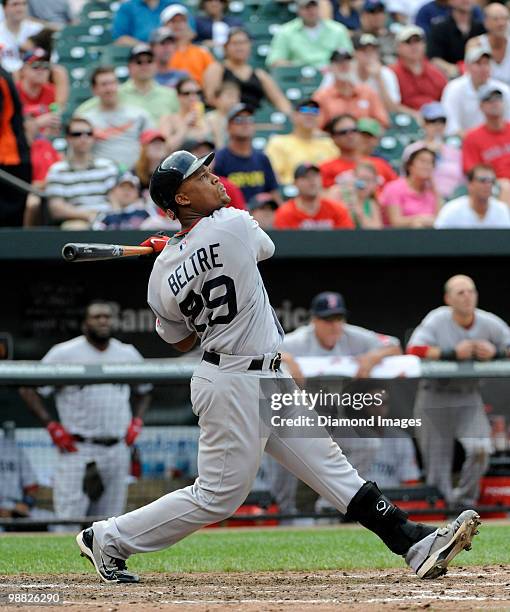 Thirdbaseman Adrian Beltre of the Boston Red Sox flies out to rightfield to end the top of the seventh inning of a game on May 2, 2010 against the...