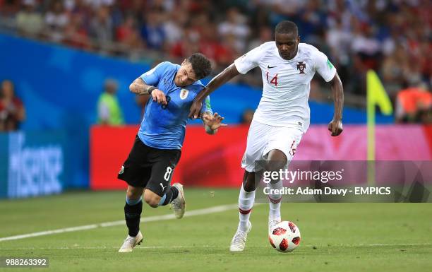 Uruguay's Nahitan Nandez and Peru's Andy Polo battle for the ball Uruguay v Portugal - FIFA World Cup 2018 - Round of 16 - Fisht Stadium .