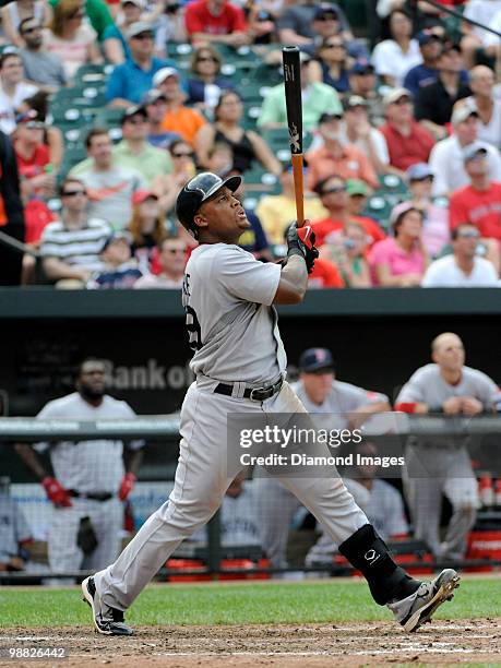 Thirdbaseman Adrian Beltre of the Boston Red Sox flies out to rightfield to end the top of the seventh inning of a game on May 2, 2010 against the...