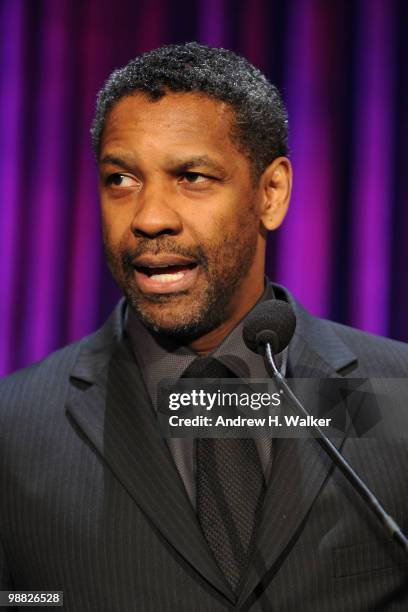 Actor Denzel Washington accepts an award during the New York Gala benefiting The Steve Harvey Foundation at Cipriani, Wall Street on May 3, 2010 in...