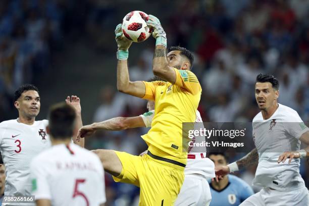 Pepe of Portugal, goalkeeper Rui Patricio of Portugal, Jose Fonte of Portugal during the 2018 FIFA World Cup Russia round of 16 match between Uruguay...