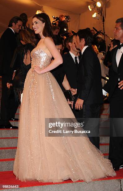 Actress Anne Hathaway attends the Costume Institute Gala Benefit to celebrate the opening of the "American Woman: Fashioning a National Identity"...