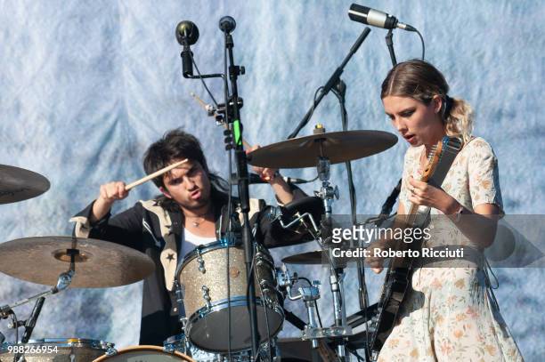 Joel Amey and Ellie Rowsell of Wolf Alice perform on stage during TRNSMT Festival Day 2 at Glasgow Green on June 30, 2018 in Glasgow, Scotland.