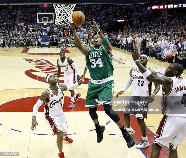 Paul Pierce of the Boston Celtics gets in for a basket between Mo Williams, LeBron James and Antawn Jamison of the Cleveland Cavaliers during Game...