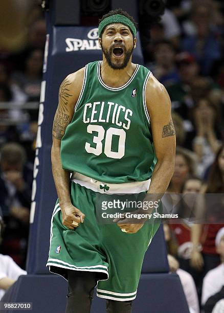 Rasheed Wallace of the Boston Celtics reacts after a second half dunk while playing the Cleveland Cavaliers in Game Two of the Eastern Conference...