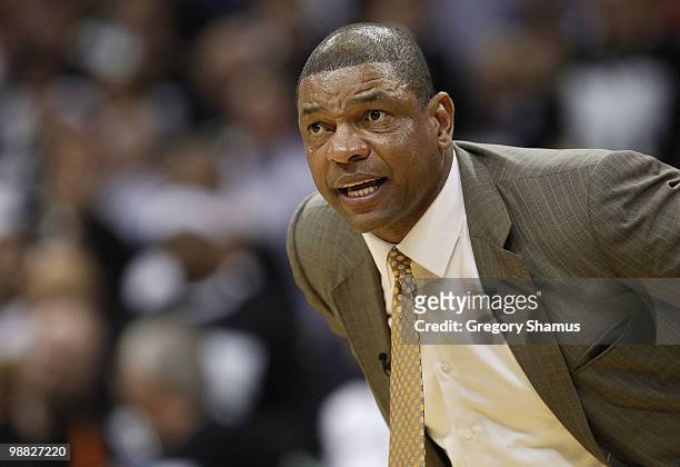 Head coach Doc Rivers of the Boston Celtics looks on while playing the Cleveland Cavaliers in Game Two of the Eastern Conference Semifinals during...