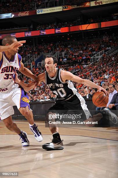Manu Ginobili of the San Antonio Spurs drives against the Phoenix Suns in Game One of the Western Conference Semifinals during the 2010 NBA Playoffs...