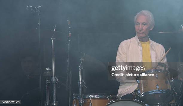 June 2018, Germany, Stuttgart: Drummer Charlie Watts on stage at a concert by the Rolling Stones during their European tour "no filter" at the...