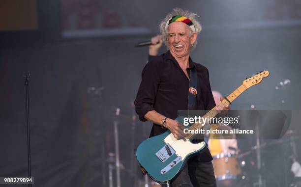 June 2018, Germany, Stuttgart: Guitarist Keith Richards on stage at a concert by the Rolling Stones during their European tour "no filter" at the...