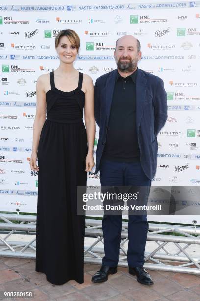 Paola Cortellesi and Antonio Albanese attend the Nastri D'Argento cocktail party on June 30, 2018 in Taormina, Italy.