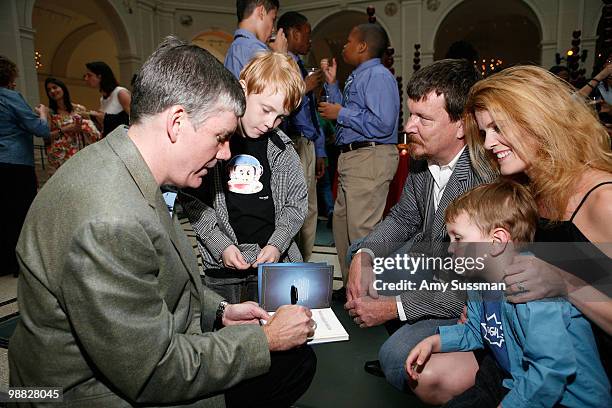 Author Rick Riordan, Francois van Kempen, Simon van Kempen, Alex McCord and Johan van Kempen attends the launch party of Rick Riordan's The Kane...