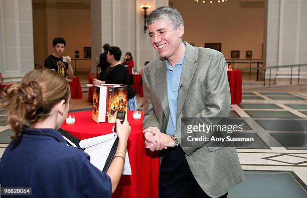 Author Rick Riordan being interviewed at the launch party of Rick Riordan's The Kane Chronicles, Book 1: The Red Pyramid at Brooklyn Museum on May 3,...