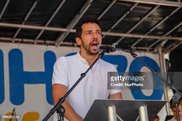 Actor Ralf Little speaks at a demonstration and celebration march to mark the 70th anniversary of the National Health Service , in central London on...