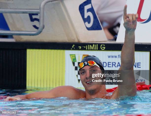 Alessandro Miressi of Italy celebrates after winning the men 100m freestyle during the 55th 'Sette Colli' international swimming trophy at Foro...